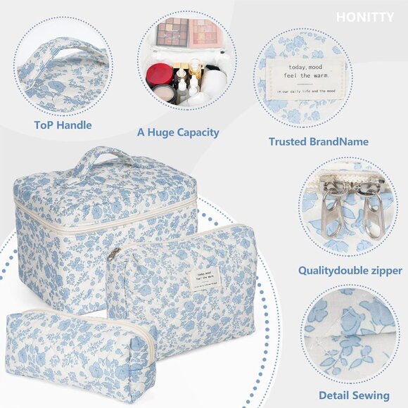 Makeup Bag,Quilted Cosmetic Bag,Large Floral Make Up Bag for Women,Cotton Makeup - Picture 3 of 6